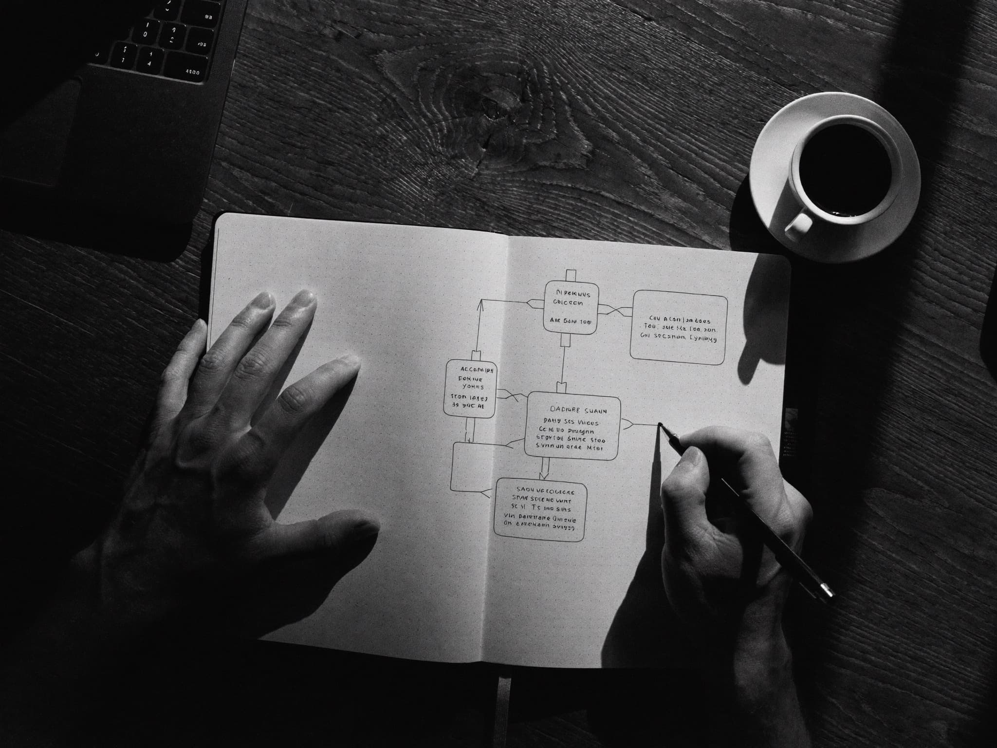 Sketching a sales process in a notebook